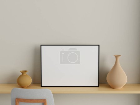 Photo for Modern and minimalist horizontal black poster or photo frame mockup on the wall in the living room. 3d rendering. - Royalty Free Image