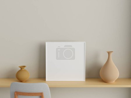 Photo for Modern and minimalist square white poster or photo frame mockup on the wall in the living room. 3d rendering. - Royalty Free Image
