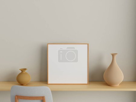Photo for Modern and minimalist square wooden poster or photo frame mockup on the wall in the living room. 3d rendering. - Royalty Free Image