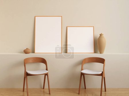 Téléchargez les photos : Double affiche blanche moderne et minimaliste ou maquette de cadre photo sur le mur dans le salon. Rendu 3d. - en image libre de droit