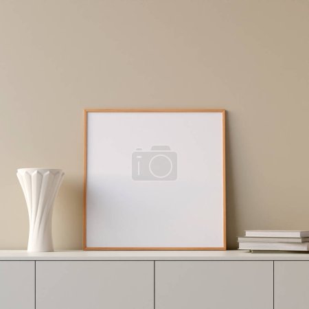 Téléchargez les photos : Affiche en bois carré moderne et minimaliste ou maquette de cadre photo sur la table dans le salon. Rendu 3d. - en image libre de droit