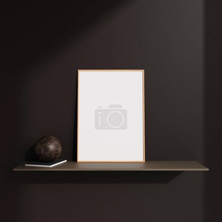Téléchargez les photos : Portrait minimaliste poster en bois ou cadre photo dans le salon moderne design intérieur mural avec décoration et ombre. Rendu 3d. - en image libre de droit
