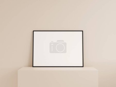 Foto de Vista frontal limpia horizontal negro foto o marco del cartel maqueta se inclina contra la pared. renderizado 3d. - Imagen libre de derechos