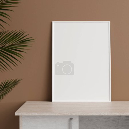 Foto de Vista frontal minimalista vertical blanco foto o cartel marco maqueta apoyada contra la pared en la mesa con planta. renderizado 3d. - Imagen libre de derechos