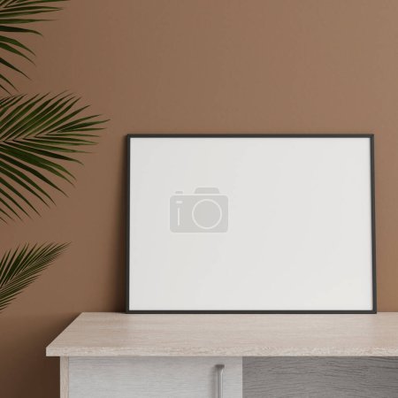Foto de Vista frontal minimalista horizontal negro foto o cartel marco maqueta apoyada contra la pared en la mesa con planta. renderizado 3d. - Imagen libre de derechos