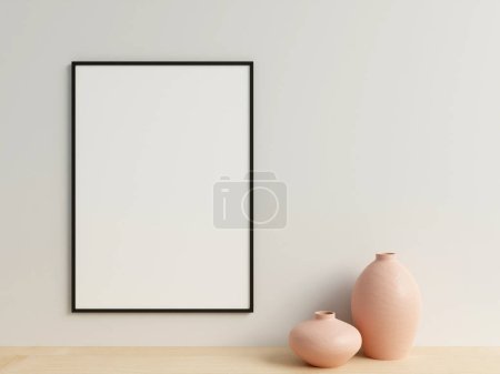 Foto de Vista frontal limpia y minimalista vertical negro foto o cartel marco maqueta colgando en la pared con jarrón. renderizado 3d. - Imagen libre de derechos