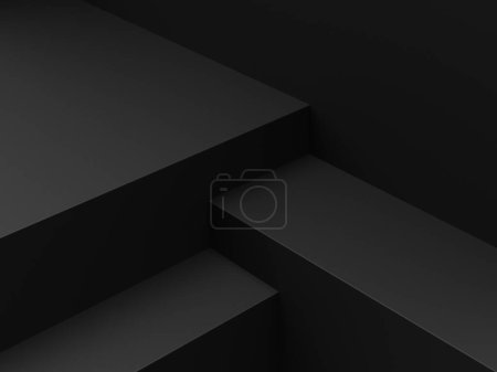 Empty minimal black platform podium or pedestal for product presentation. Empty stand showcase. Blank template for advertise. Abstract black background. 3d rendering.