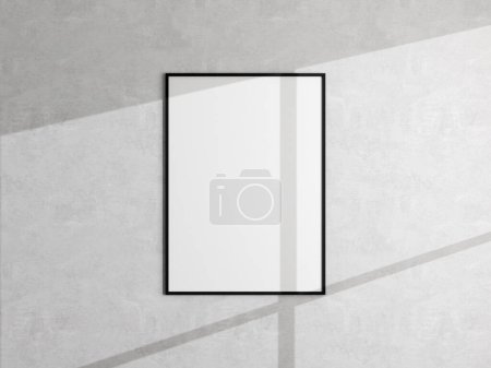 Minimale Poster-Bilderrahmen-Attrappe, die an einer weißen Wand hängt. Leerrahmen-Attrappe. Sauber, modern, minimaler Rahmen. 3D-Darstellung.