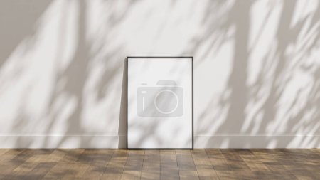 Foto de Marco de la maqueta de póster en el suelo de madera con la pared blanca y la luz del sol sombra superposición - Imagen libre de derechos