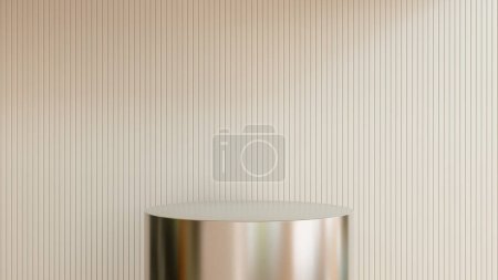 Socle métallique d'affichage de plate-forme avec podium de stand de luxe sur fond de pièce. Exposition vierge ou étagère de produit vide.
