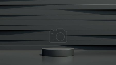 Rundes schwarzes Podium in einem schwarzen leeren Raum mit abstraktem Hintergrund. Abstraktes Rendering einer 3D-Form für die Präsentation kosmetischer Produkte