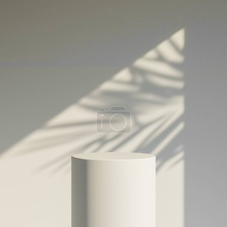 3D-Rendering von Produktdisplay-Podiumsständer mit Schatten-Naturblättern auf grauem Hintergrund.