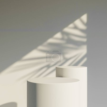 3D rendering of product display podium stand with shadow nature leaves on gray background.