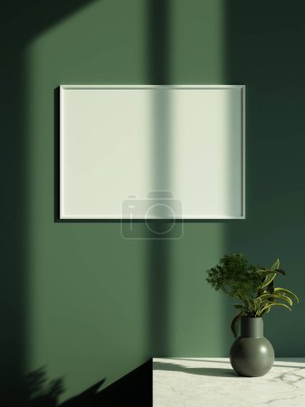 Foto de Estilo minimalista de sala de estar con marco de foto de póster colgado en la pared y sombra de ventana de luz solar - Imagen libre de derechos