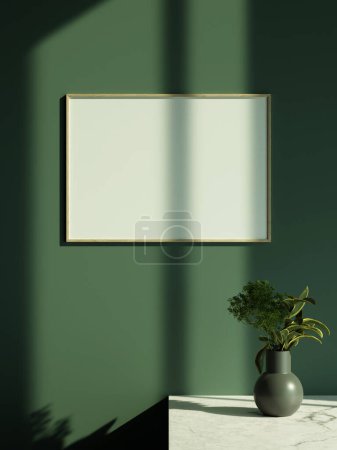 Photo for Minimalist living room style with poster photo frame hanging on the wall and sun light window shadow - Royalty Free Image