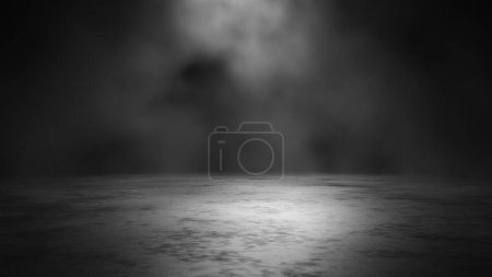 Foto de Piso de cemento abstracto oscuro vacío y sala de estudio con humo flotan encima de la textura interior para productos de exhibición fondo de pared - Imagen libre de derechos