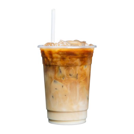 Photo for Iced latte coffee on plastic glass and tube sucking isolated white background, summer drink concept - Royalty Free Image