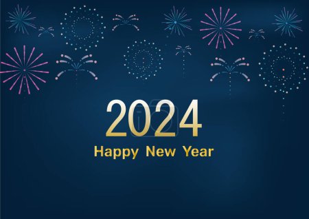 Foto de 2024 Año Nuevo Fuegos artificiales coloridos abstractos y números de degradado de oro sobre un fondo azul - Imagen libre de derechos