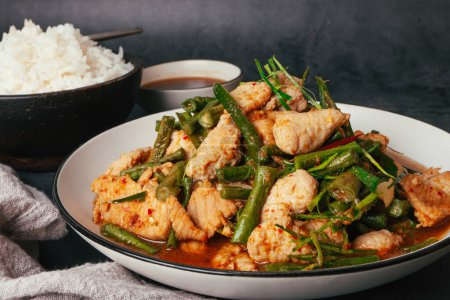 Close up Tasty Stir-fried pork and red hot curry paste with or long bean and Ingredients are oyster sauce, fish sauce, sugar, kaffir lime leaves in the dish Eat with cooked rice. Thai food
