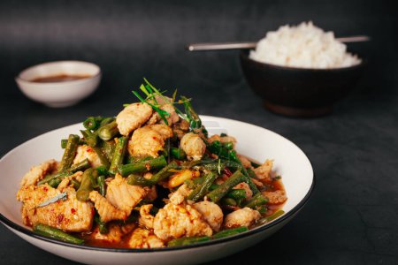 Photo for Close up, Tasty Stir-fried pork and red hot curry paste with or long bean and Ingredients are oyster sauce, fish sauce, sugar, kaffir lime leaves in the dish Eat with cooked rice. Thai food - Royalty Free Image
