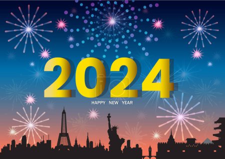 Silueta de diseño plano. Feliz Año Nuevo 2024 con la Ciudad de todo el mundo. Oro dos mil veinticuatro Año, Celebraciones brillantes de colores en fuegos artificiales festivos crepúsculo cielo vector ilustración