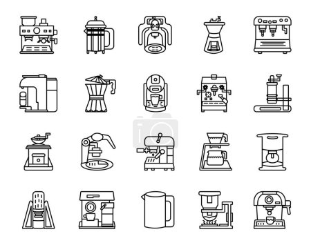 icon set coffee machine And coffee equipment, electronic and classic tools brewing coffee. Vector outline stroke on white background.