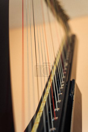 Nahaufnahme der Saiten einer modernen elektronischen Harfe.