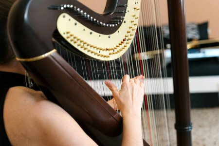 Photo for Middle aged harpist playing a traditional harp - Royalty Free Image
