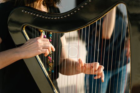 Photo for Harpist and vocalist doing a musical show on the roof - Royalty Free Image