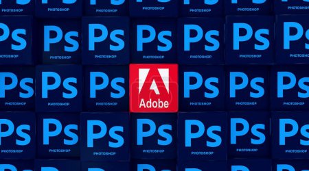 Téléchargez les photos : Photoshop, Adobe Photoshop Logo Présentation visuelle - arrière-plan des médias sociaux (Conception 3D Render) - en image libre de droit