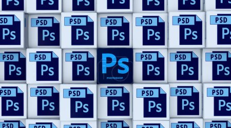 Téléchargez les photos : Photoshop, Adobe Photoshop Logo Présentation visuelle - arrière-plan des médias sociaux (Conception 3D Render) - en image libre de droit