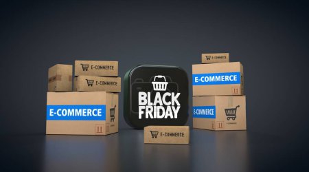  Black Friday und E-Commerce, E-Commerce Visual Design, Social Media Images. 3D-Rendering.