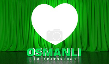 Imperio otomano Texto en 3D, cortina de teatro verde y otomano