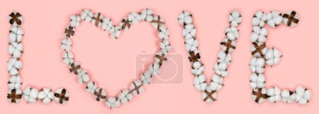 Foto de Word love made of cotton flowers. Concept of organic candid true love. Letter made in shape of heart of cotton bud. Pink background - Imagen libre de derechos