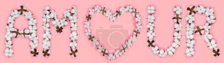Foto de Word amour from french language means love, made of cotton flowers. Concept of organic candid true love. Letter made in shape of heart of cotton bud. Pink background - Imagen libre de derechos