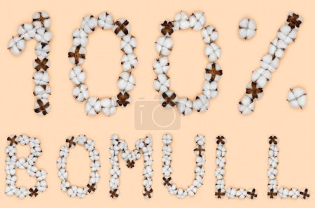 Foto de Lettering 100% Bomull de noruego o sueco significa algodón, hecho de flores de algodón. Concepto de materia prima orgánica. - Imagen libre de derechos