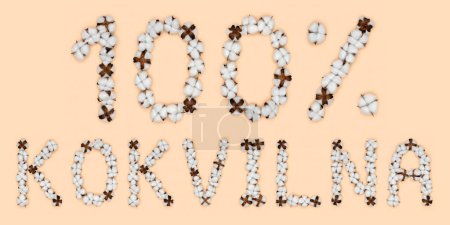 Foto de Letras 100% kokvilna de lengua letona significa algodón, hecho de flores de algodón. Concepto de materia prima orgánica. - Imagen libre de derechos