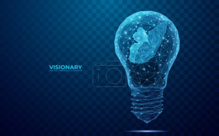 Illustration for Abstract butterfly fluttering inside a digital light bulb. Visionary concept in blue polygons and lines. Technology start up or new idea background. 3D low poly wireframe vector illustration. - Royalty Free Image