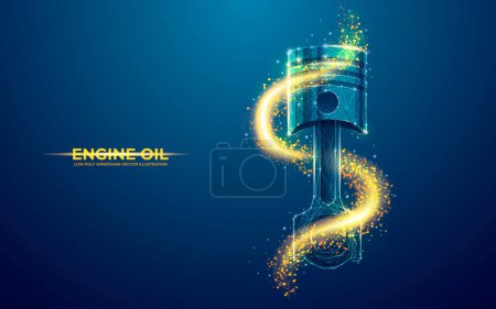 Illustration for Engine piston in oil. Car motor oil or auto engine synthetic lubricant 3d vector illustration with vehicle piston. Low poly wireframe background. - Royalty Free Image