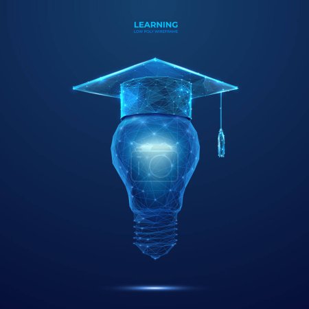 Abstract graduation cap and light bulb. Education and Innovation concept. Digital low poly wireframe 3D vector illustration.