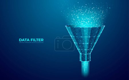 Illustration for Digital Funnel and Abstract Data Flow in Techno Blue Background. Marketing and Analytics Concept. Low Polygonal Filter in connected dots, lines, shapes, and polygons. Modern Vector 3D illustration. - Royalty Free Image