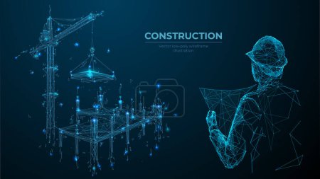 Illustration for Building under Construction site. Architect Holding Blueprints near Construction. New Building. Man with Project in Helmet. Crane Constructing House. Abstract polygonal wireframe vector illustration. - Royalty Free Image