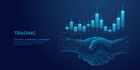 Abstract handshake and stock market candlestick. Digital trading and investment concept. Growing graph chart. Low Poly wireframe vector illustration on blue technological background. Best deal symbol