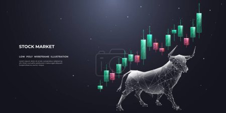 Illustration for Japanese candlesticks and a Bull on dark background. Abstract Stock market exchange or financial technology concept. Low poly wireframe vector illustration. Polygonal bull with futuristic elements. - Royalty Free Image