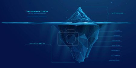 Illustration for Abstract Iceberg illusion diagram. What people see and what is success hidden part of hard work. Low poly wireframe vector illustration on technology blue background. - Royalty Free Image