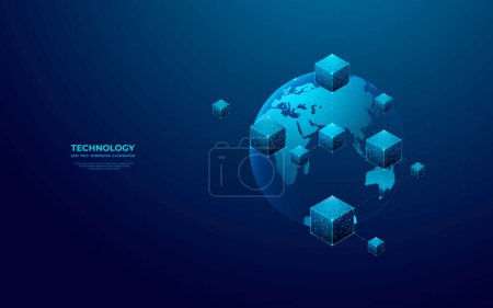 Icono abstracto de blockchain digital 3D en el mundo de la tecnología Fondo de la Tierra. Holograma de bloques enlazados en el espacio en estilo futurista de bajo polivinílico. Ilustración moderna vector poligonal azul.