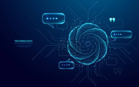 Abstract chatbot icon and talk bubble speech in futuristic low poly wireframe style. Technological banner. Artificial intelligence concept on blue background. Generated text and answers to questions.