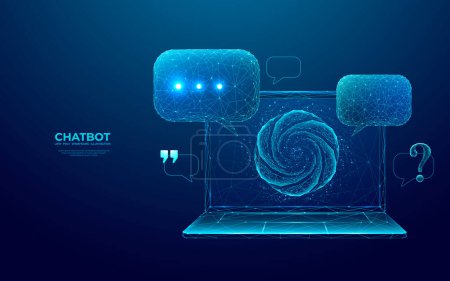 Chat bot abstract logo on a laptop screen and speech bubbles, question marks, and quote icons. Digital chatting artificial intelligence concept on technology blue background. Low poly wireframe vector