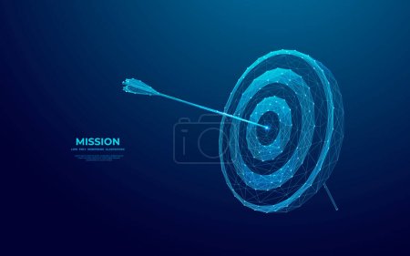Illustration for Abstract digital target with an arrow in the center. Growth strategy or financial goal concept. Futuristic low poly wireframe vector illustration on blue technology modern background. The bulls eye. - Royalty Free Image