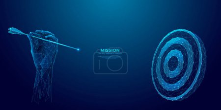 Digital close-up human hand holding a bow arrow and it is aiming at a target. Abstract business goal metaphor. Futuristic low poly wireframe vector illustration on blue technology background.